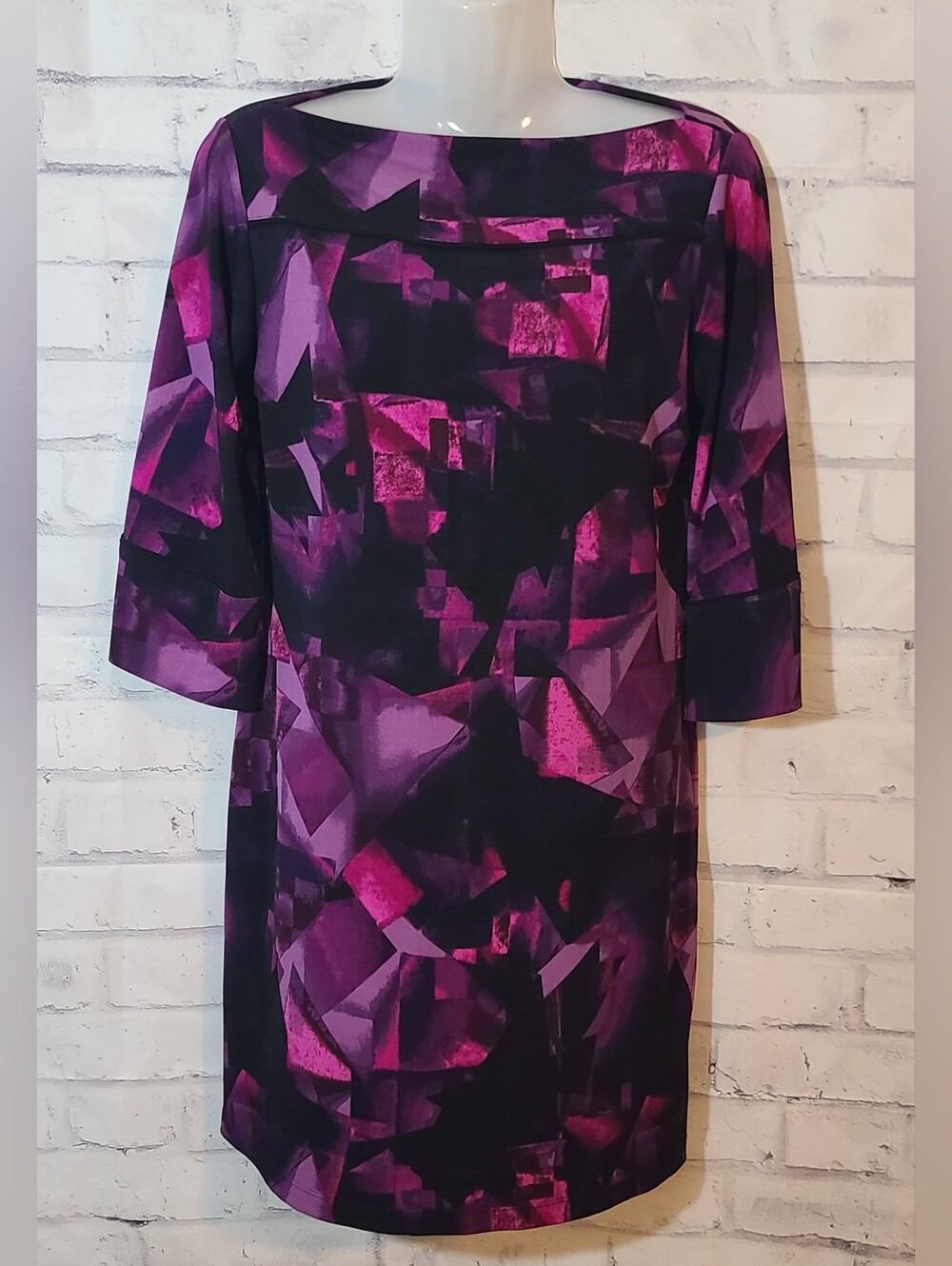 Intermission Women's Purple Black Abstract Boat Neck 3/4 Sleeve Shift Dress 8